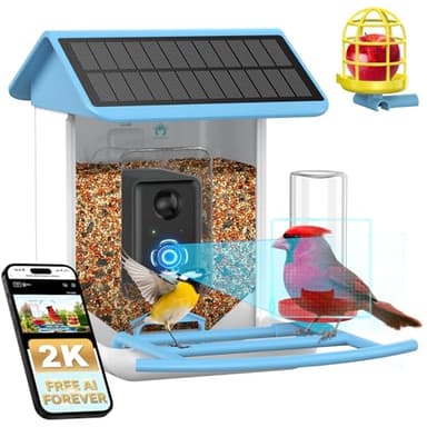 Bird Feeder with Camera No Subscription-Free AI Forever for 1,1000+ Birds Identification, 2K HD & 5MP Night Vision, Record Video Live View, 64GB Card, App Alerts, Gifts for Bird Lovers (Sky Blue)