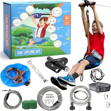 Zip Line Kit for Kids and Adults, 100/120 / 150/200 ft, Up to 350 Lbs, Rustproof Stainless Steel, Quick Setup with Ratchet, Safety Harness, Backyard Adventure Fun Includes Climbing Holds