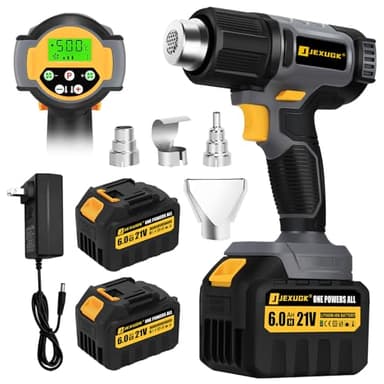 JEXUGK LCD Cordless Heat Gun, Portable Hot Air Gun with 2 x 6.0Ah Battery, Pistola De Calor Inalambrica with 4 Nozzles, 122℉-1022℉ Fast Heating Shrink for Vinyl Wrap, Automotive, Paint Removal