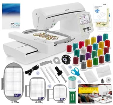 Brother NQ1700E Embroidery Machine, 6" x 10" Field Size, Cuts Jump Stitches, Wireless, Includes BES Lettering Software + Brother SA438 4" x 4" Hoop + 24 Spools of Jewel Thread + Embroidery Magic Video
