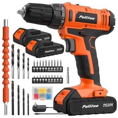 PULITUO 20V Cordless Drill/Driver, 2 Batteries Electric Screwdriver, 30Nm Power Drill Driver, 21+1 Torque, 2 Speed, 3/8"Keyless Chuck, power Drill with LED Light, Drill Driver Kit for Home (Orange)