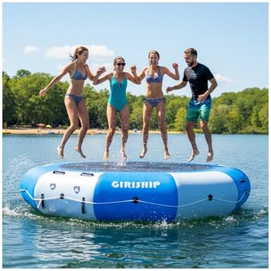 GIRISHIP Inflatable Water Trampoline for Lake, 8/10/12/15FT Heavy Duty Floating Lake Trampoline for Water with Pump & Ladder, Ocean Pool Jumping Platform for Family & Adults