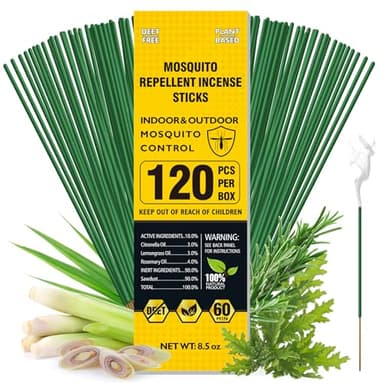 BugBai® Mosquito Repellent Outdoor Patio 120 PCS, Citronella Oil Mosquito Incense Sticks Indoor Home Pet Family Safe, Natural Plant-Based Bug Insect Barrier for Yard Garden Lawn Camping Fishing