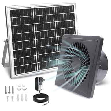 Solar Exhaust Fan, 25W Solar Panel + 8" Ventilation Vent Fan, with Power Adapter, Anti-backflow Valve, High Speed Solar Powered Exhaust Fan with Bracket for Shed, Chicken Coop, Greenhouse, Dog House