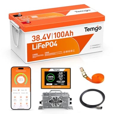 TEMGO 36V (38.4V) 100Ah LiFePO4 Lithium Golf Cart Battery, Complete Upgrade Kit with Charger, LCD Display & App, Built-in 200A BMS, Max 7.68kW Power Output (36V 100Ah)