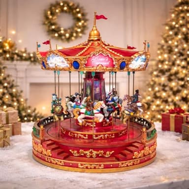 MOMENTS IN TIME Animated Rosie’s Carousel (Moving Carousel) 15.2“H LED Lights 8 Classic Carols Christmas Music, Adapter Included Christmas Village Handcrafted Polyresin Moving Carouse