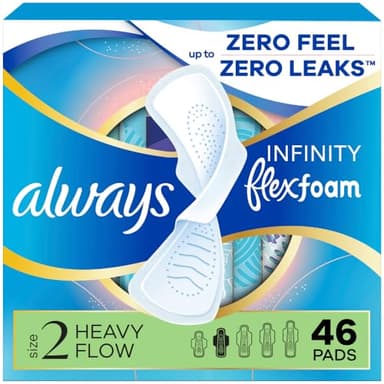 Always Infinity Feminine Pads for Women, Flexfoam Pads with Wings, Size 2, Heavy Absorbency, Unscented, 46 Count