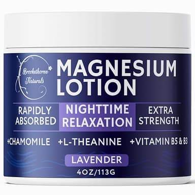 Brookethorne Naturals Nighttime Magnesium Lotion for Sleep | Lavender Magnesium Cream with L-Theanine & Chamomile | Topical Cream for Relaxation Adults & Kids | Non-Greasy, Vegan, Made in USA | 4oz