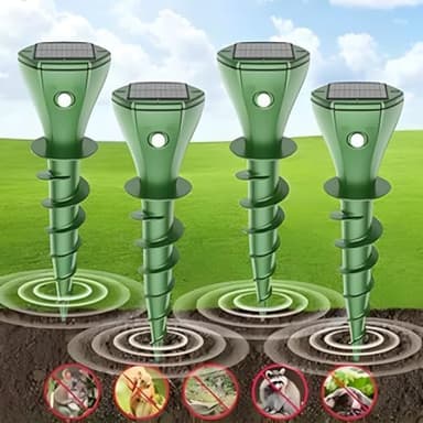 4 Pack Mole Repellent Stakes - Solar Powered Waterproof Ultra Sonic Spikes - Get Rid of Vole, Snake, Groundhog, Gopher - Repeller for Lawns Garden & Yard