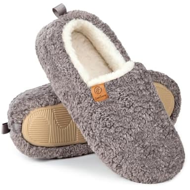 EverFoams Women’s Soft Curly Full Slippers Memory Foam Lightweight House Shoes Cozy Loafer with Polar Fleece Lining Grey,9-10 US