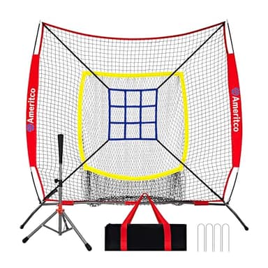 Ameritco Baseball Net，7x7ft Baseball Practice Net with Tee and Target, Large Pocket Sports net for Hitting/Batting/Pitching/Throwing,Scratch Resistant Base, Versatile Use for All Levels (Red)