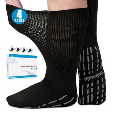 Bulinlulu Extra Width Diabetic Socks Women Men-4 Pairs Super Wide Edema Sock for Swollen Feet,Non Slip Cast Bariatric Hospital,Extra Width Neuropathy Lymphedema Socks with Grips- 4 Black