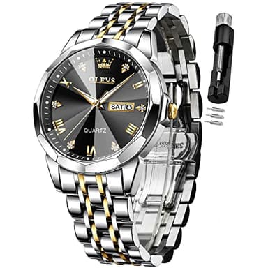 OLEVS Watch for Men Diamond Business Dress Analog Quartz Stainless Steel Waterproof Luminous Date Two Tone Luxury Casual Wrist Watch Black