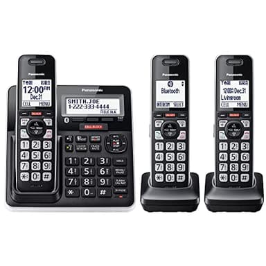 Panasonic Cordless Phone with Advanced Call Block, Link2Cell Bluetooth, One-Ring Scam Alert, and 2-Way Recording, Phone with Answering Machine, 3 Handsets - KX-TGF973B (Black/Silver Trim)