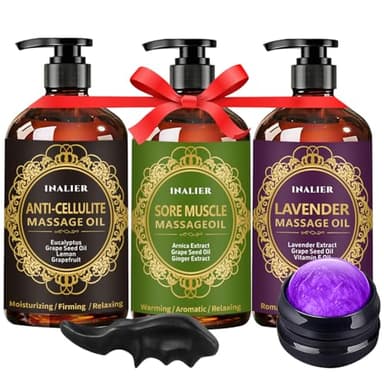 Mothers Day Gifts for Wife,Massage Oil for Massage Therapy,3 Pack Cellulite Massage Oil,Sore Muscle Arnica Oil & Lavender Massage Body Oil with Massage Ball & Thumb Saver Tool,Fathers Day Gift