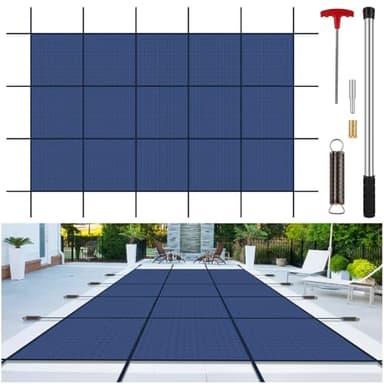 Inground Pool Cover Safety Fits Rectangle Swimming Pool, Mesh Solid Pool Cover for Inground Pools,Winter Pool Safety Cover Includes Safety Net and Installation Tools Blue (Blue, Fits 16x32ft Pools)