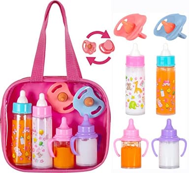 fash n kolor® My Sweet Baby Disappearing Doll Feeding Set, Baby Care 6 Piece Doll Feeding Set - for Toy Stroller | 2 Milk & Juice Bottles with 2 Toy Pacifier for Baby Dolls Set - Kids Gift Set