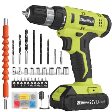 FADAKWALT Cordless Drill Set, 20V Electric Power Drill with Battery And Charger, Torque 30N, 21+1 Torque Setting, 3/8-Inch Keyless Chuck, Drill Driver Bits Kit, with LED