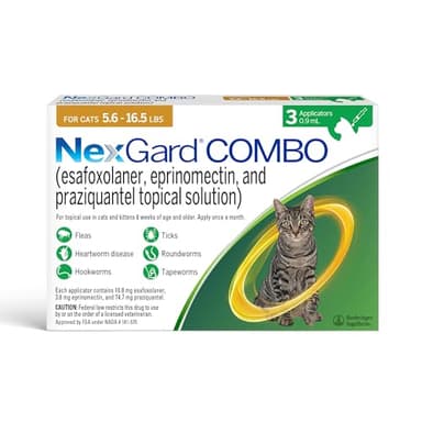 NexGard® Combo (esafoxolaner, eprinomectin, and praziquantel Topical Solution) Flea and Tick Protection Plus Heartworm Disease Preventive for Cats, 5.6-16.5 lbs. (Yellow Box) 3 Doses (3 Month Supply)