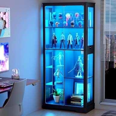 Lvifur 71” Display Cabinet with Glass Doors, Modern Curio Cabinet with 3 Color Lights, 7-Tiers Glass Display Cases for Collectibles, Tall Lego Storage Cabinet with Human Body Sensor (Black)