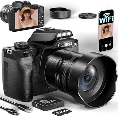 FLATIC Digital Camera with WiFi, 5K/4K Cameras for Photography with 180°Flip Screen, Vlogging Camera with 64GB/32GB Card, Battery, Camera for Beginner, Teens