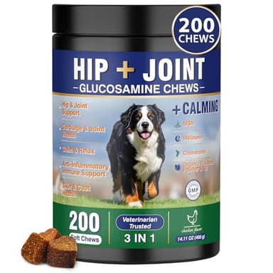 Hip and Joint Supplement for Dogs 200 Dog Calming Chews with Glucosamine, Chondroitin, Msm, Omega3, Melatonin for Senior Dogs Anxiety Pain Relief Anti Inflammatory Small/Medium/Large Dog -Chicken