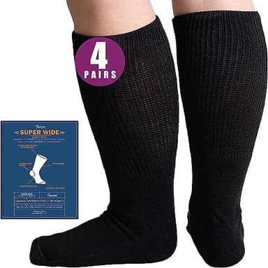 Bulinlulu Extra Wide Diabetic Socks for Men & Women, 4 Pairs Hospital Socks for Swollen Feet, Lymphedema, Edema, Cast, Bariatric, 4 Black