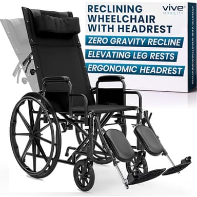 Vive Mobility Reclining Wheelchair with Elevating Leg Rests - Heavy Duty Recliner Wheel Chair for Seniors & Adults -Wide 18" Seat, up to 300lbs -High Back, w/Leg & Head Support -Comfortable Headrest