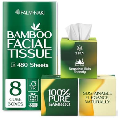 Bamboo Facial Tissue | 3-Ply Strong | Lint-Free, Fragrance-Free | Gentle for Sensitive Skin | BPA & PFAS-Free, FSC Certified | 8 Cube Boxes (480 Sheets) | PALM NAKI