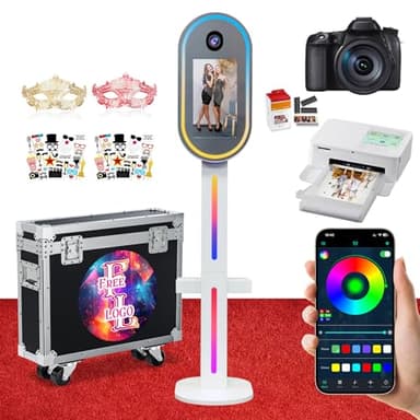 Oval Mirror Photo Booth with Camera and Printer, Portable Selfie DSLR Photo Booth with 15.6 inch Touch Screen APP Remote Control RGB Lights for Wedding Party Events Rental Christmas (White Full Set)