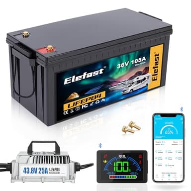 105A 36V Lithium Golf Cart Battery Kit with 43.8V 25A Fast Charger,Built-in Bluetooth and 200A BMS,Peak Current 600A,Up to 6000 Deep Cycle Battery,Perfect for Golf Carts,Trolling Motor,Lawnmower