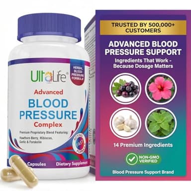 ULTALIFE Blood Pressure Supplements - Advanced Blood Pressure Supplement Complex - Hawthorn Berry, Hibiscus, Garlic, Forskolin - 14 Vitamins & Herbs, 30 Day Supply in Veggie Capsules