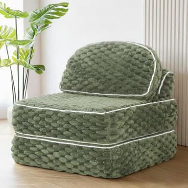 MALOL Folding Sofa Bed, 3-in-1 Convertible Sleeper Chairs with Pillow,Back Support, Fuzzy Fabric Floor Couch Bed for Adults, Boneless Couches Living Room, Bedroom, Apartment, Green