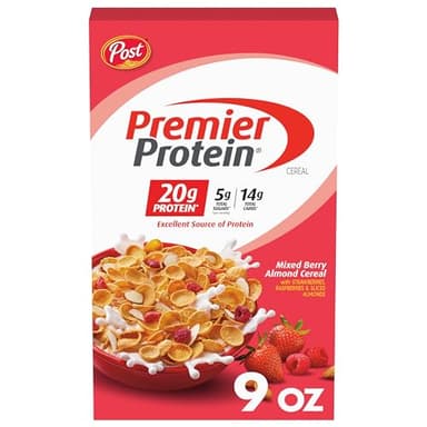 Premier Protein Mixed Berry Almond Cereal, Protein Cereal Flakes Mixed with Dried Berries and Sliced Almonds, Contains 20g of Protein Per Serving, 9 OZ Box