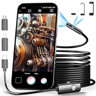 USEEPLUS Dual Lens Endoscope Camera with Light Borescope Inspection Camera with 8+1 Adjustable LED Lights 1980P IP68 Waterproof with 16.5ft Semi Rigid Snake Camera for iPhone iPad Android Phone