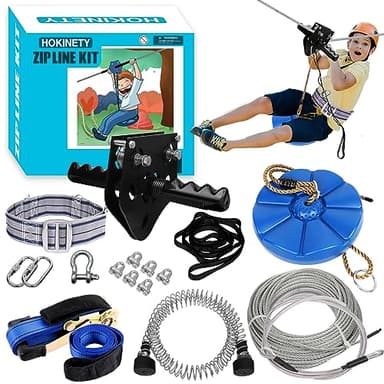 HOKINETY Zip Line Kit for Kids Adults : 100FT / 120FT / 150FT / 200FT Up to 380Lbs - Quick Tighten Zipline for Backyard Outdoor with 100% Rust Proof Removable Trolley Seat Spring Brake