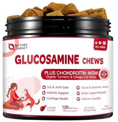 NATURE TARGET Glucosamine for Dogs, Joint Supplement with Chondroitin, MSM, Omega-3, Hemp for Pain Relief, Hip & Joint Chews for Dogs with Calcium for Bone Health, 120 Soft Chews