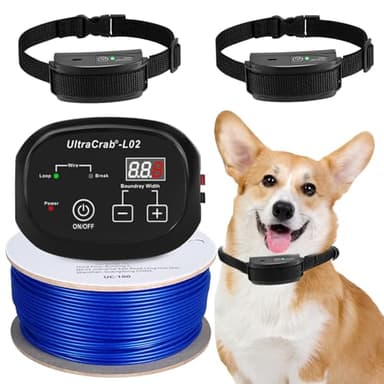 UltraCrab Basic In-Ground Pet Fence - Underground 2 Dogs Fence System, Electric Fence for 2 Dogs Waterproof Training Collar for Dog Over 20lb, Wireless Electric Dog Fence (2 Dog System)