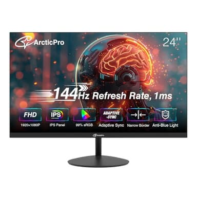 ArcticPro 24inch Computer Monitor, FHD 1080p, 144Hz Office and Gaming Monitor, IPS, Adaptive Sync, 110% sRGB, 1ms, 3-Sided Frameless, Ultra Slim, VESA Mountable, Anti-Blue Light Design, HDMI, DP
