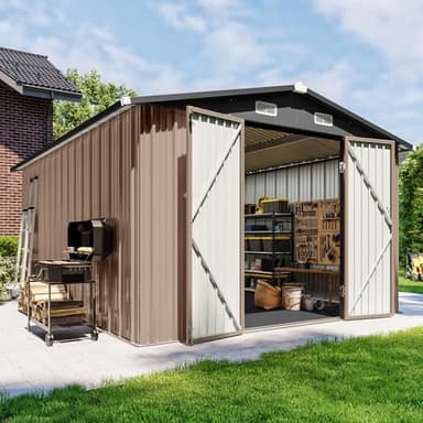 Breezestival 10x12 FT Outdoor Storage Shed with Floor & Lockable Double Doors, Heavy-Duty Galvanized Steel Outdoor Metal Shed for Bike, Tool, Generator Storage in Backyard, Patio (10’x12’, Floor)