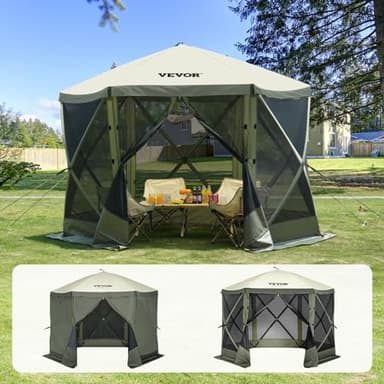 VEVOR Pop Up Gazebo Screen Tent 6 Sided Canopy Sun Shelter with 6 Removable Privacy Wind Cloths & Mesh Windows, 10x10FT Quick Set Screen Tent with Mosquito Netting, Army Green