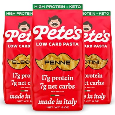 High Protein, Low Carb Pasta Variety | Penne, Rotini, Elbow Macaroni with 17g Protein, 7g Carbs | Healthy, Keto Pasta Made in Italy | 3-Pack, 8oz - Pete’s Pasta
