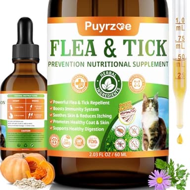 Puyrzoe Cat Flea Treatment, Natural Oral Flea and Tick Prevention for Cats Drops with Pumpkin Seed, Echinacea & Omega-3/6/9- Support Immunity, Healthy Skin & Coat, Digestion & Overall Wellness, 60 ML