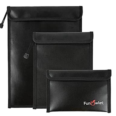 FunOwlet Fireproof Waterproof Document Bag – 3 Pack Fire and Water Resistant Zipper Storage Organizer & Money Safe Pouch Set for Important Papers, Cash, Passports, Jewelry & Electronics (Black)