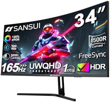 SANSUI 34-Inch Curved Gaming Monitor UWQHD 3440 x 1440 Up to 165Hz Curved 1500R - PIP/PBP, 1ms(MPRT), HDR, 300nits, sRGB 125%, DCI-P3 95%,FreeSync,HDMIx2,DP1.4(Cable Included)
