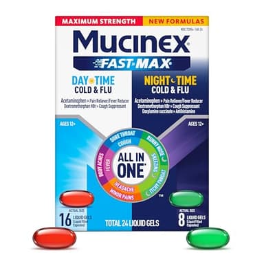 Mucinex Fast-Max Maximum Strength Day & Night Cold and Flu Medicine for Adults, Powerful Over-The-Counter Medication for Cold & Flu Symptoms, Fast Dissolving Liquid Gels, 24 Count
