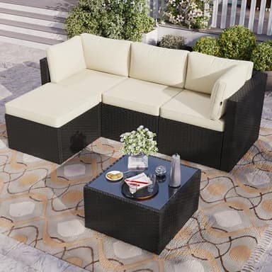 Aoxun Outdoor Patio Furniture Set, 5-Pieces All-Weather Rattan Sectional Sofa Conversation Set with Glass Coffee Table for Backyard Porch Poolside, Beige