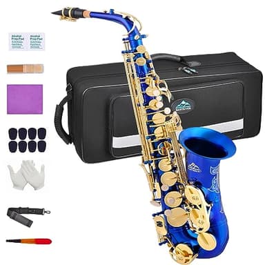 EASTROCK Dark Blue/Golden Alto Saxophone E Flat Sax Full Kit for Students Beginner with Carrying Case,Mouthpiece,Mouthpiece Cushion Pads,Cleaning Cloth&Cleaning Rod,White Gloves,Neck Strap