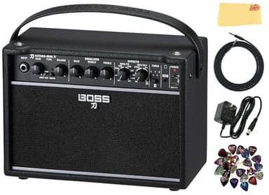 Boss Katana-Mini X 10-Watt 1x5-Inch Portable Guitar Amplifier Bundle with Gearlux Power Supply, Instrument Cable, Austin Bazaar Exclusive 24-Pack Picks, and Polishing Cloth