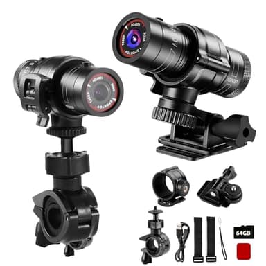 Motorcycle Helmet Camera, HD 1080P Bike Helmet Camera, Mini Action Camera for Cars, Bicycle, Motorbike & Sports Helmet (with 64GB U3 Card)